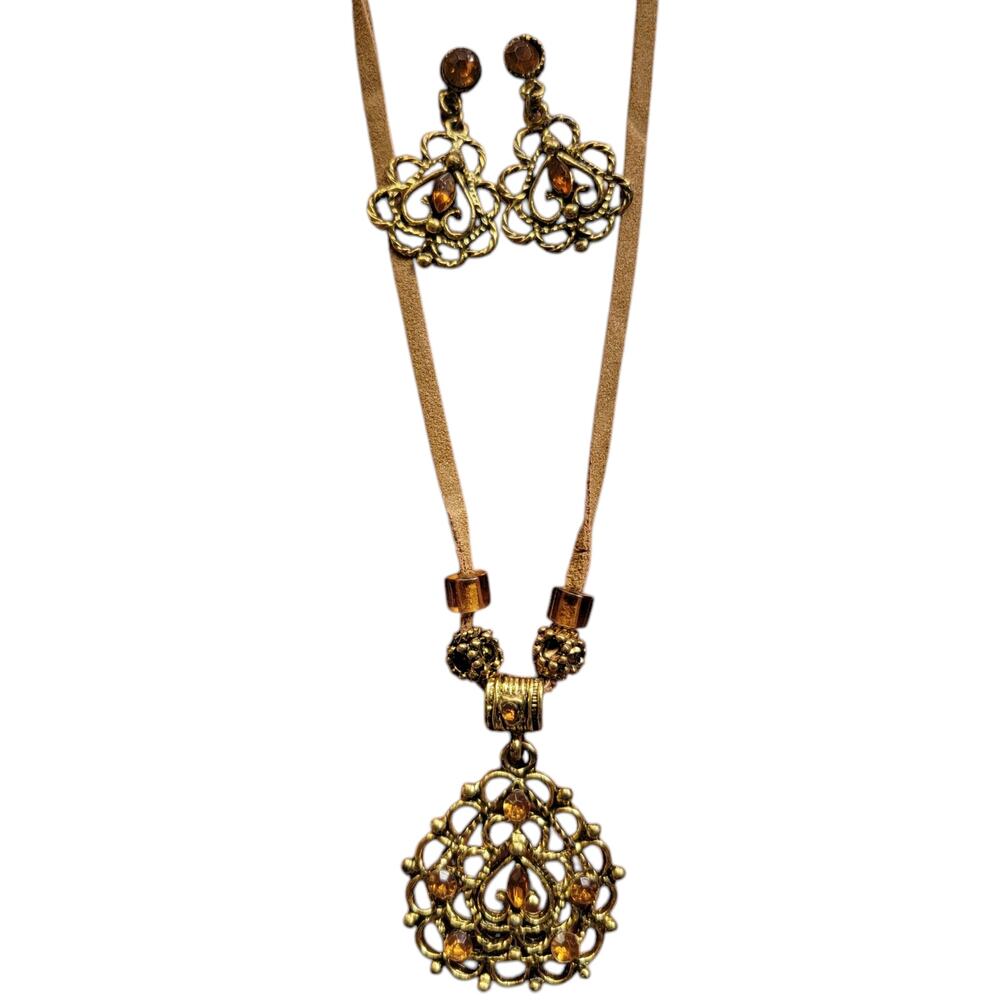 Amber Glow Earrings Necklace Set Leather Cord Gold Tone Pendant Boho‎ Bohemian